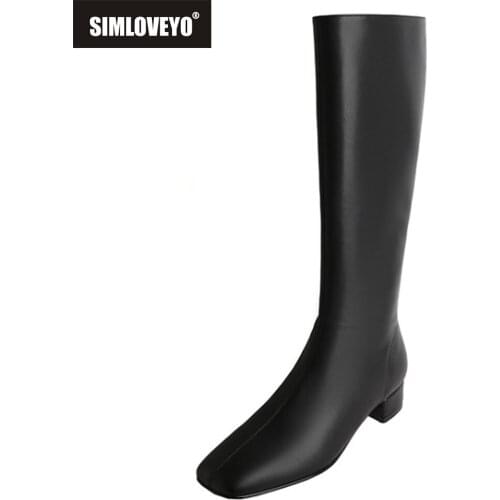 SIMLOVEYO Women Genuine Leather Mortorcycle Ridding Knee High Chunky Boots Slim 3cm Low Square Heel Zip Warm Fur Footwear 40