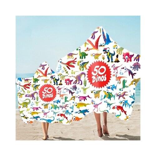 Cute Dinosaur Print Microfiber Beach Poncho Towel With Hooded For Adult Kids Quick Drying Soft Wearable Cape Bath Towel Bathrobe