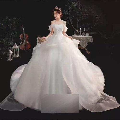 Wedding Dresses Illusion Strapless Short Tulle Lace Sequined Embroidery Off The Shoulder Backless White Women Bridal Gown G349