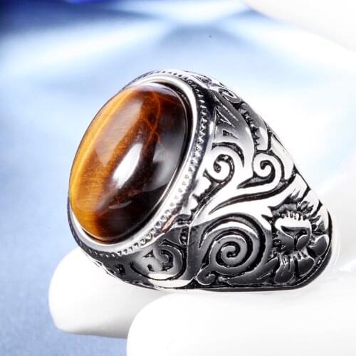 Vintage Brown/White Stone Ring For Men Punk Rock 316L Stainless Steel Inlaid Tricolor Carnelian Stone Ring Jewelry Gift