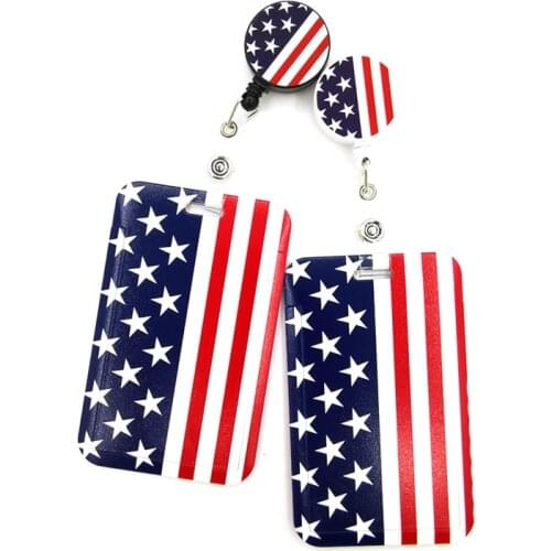 America Flag Retractable Badge Reel Lanyard Nurse ID Credit Card Work Card Badge Holder Office Student Clips Card Cover Holder