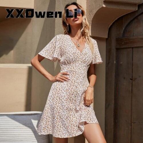 Summer Dress For Women Floral Print Ruffles Button Elegant Mini Dress 2021 Flare Short Sleeve Party Vacation Plus Size Dresses