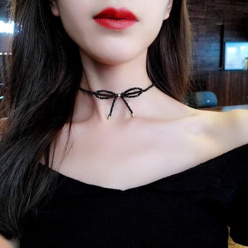Bowknot Black Crystal Beads Choker Necklace for Women Elegant Chocker Collar Bijoux Neck Jewelry Gift