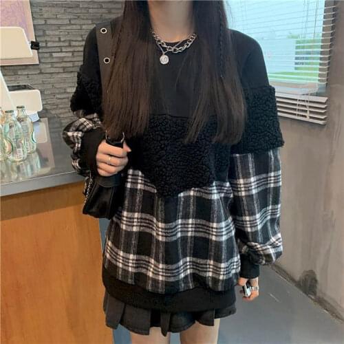 2021 Fall Winter Pullovers Women Plus Velvet Long Sleeve Jacket Oversized Sweatshirt Korean Goth Clothes Harajuku Tops Plaid