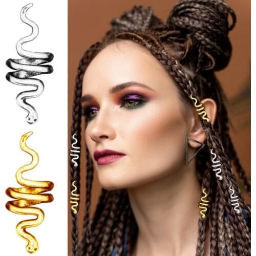 5pcs Snake Spiral Silver Metal Hair Rings Charms Hair Braid Dreadlock Beads Clips Cuffs Rings Jewelry Clasps Accessories