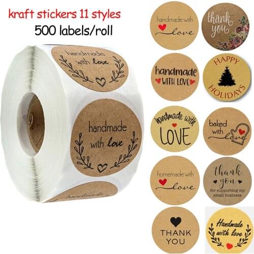 500 Labels per roll Round Natural Kraft ”HandMade With Love “‘Thank You Stickers“ Seal labels Stickers Paper Stationery sticker