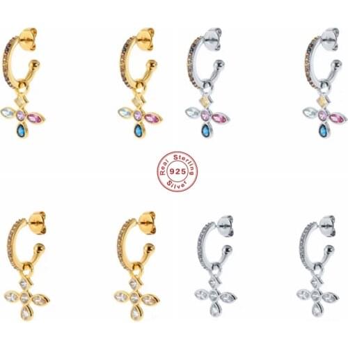 Aide 925 Sterling Silver Colorful Zircon Cross Pendant Drop Earrings C Shape Circle Rainbow Crystal Dangle Earring Women Jewelry