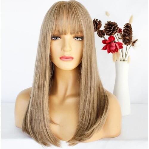 Anogol Synthetic Wig with Bangs Dark Root Ombre Color Natural Blonde Headline Heat Resistant Hair Wigs for Women