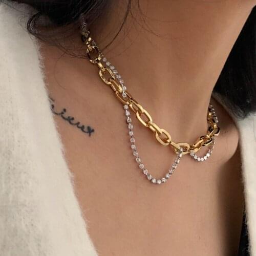 CHUANGU Gold Silver Color Mixed Chunky Chain Necklaces Rhinestone Tennis Chain Necklaces for Women Statement Layered Necklace