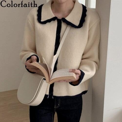 Colorfaith New 2021 Womens Autumn Winter Sweaters Fashionable Elegant Cardigans Vintage Wild Oversized Knitwear Tops SWC2578