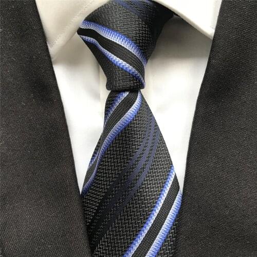 10 cm Width New Designer Mens Ties Jacquard Woven Neck Tie Black with Blue Diagonal Stripes