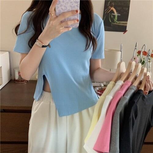 Pure color cotton top 2021 summer new short-sleeved T-shirt female Korean fashion design Slim T-shirt top multicolor
