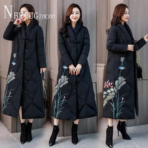 Lotus Printed Black Red Blue Hot Pink Colors Women Parkas Plus Size Female Jacket