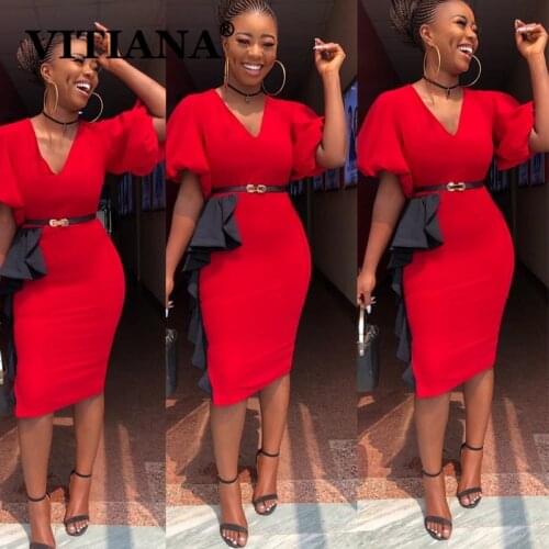 VITIANA Women Elegant V-Neck Ruffled Sleeve Dress Summer 2020 Female Slim Office Lady OL Midi Dresses Femme Casual Vestidos