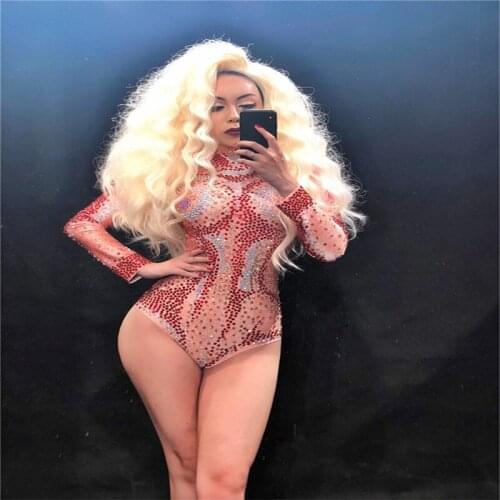 S95 Red full diamond jumpsuit women stage show dress sexy bodysuit party wears outfit singer performance prom clothe Siamese