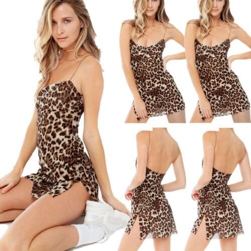 Sexy Leopard Print Lingerie Women Backless Slip Mini Summer Nightgowns Underwear Erotic Sex Sleeveless Short Sleepwear
