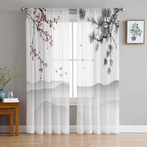 Plum Blossom Flowers Branches Ink Painting Curtains Tulle For Living Room Bedroom Kitchen Chiffon Sheer Window Treatment Decor