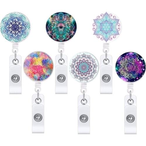 Mandala Flower Retractable Doctor Nurse Badge Reel Fashion Id Badge Holder With 360 Rotating Alligator Clip