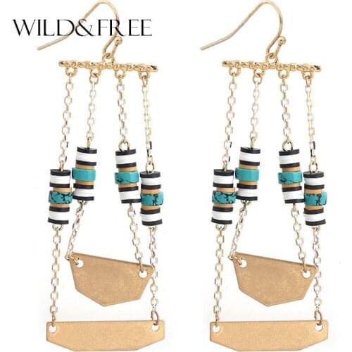 Wild&Free Handmade Jewelry Double Geometric Drop Earrings With Natural Stone Beads Gold Color Tassel Chain Earrings For Women