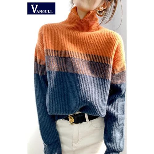 Vangull England Style Gradient Striped Sweater Women Autumn New Knitted Turtleneck Loose Pullover Sweater Long Sleeve Jumpers