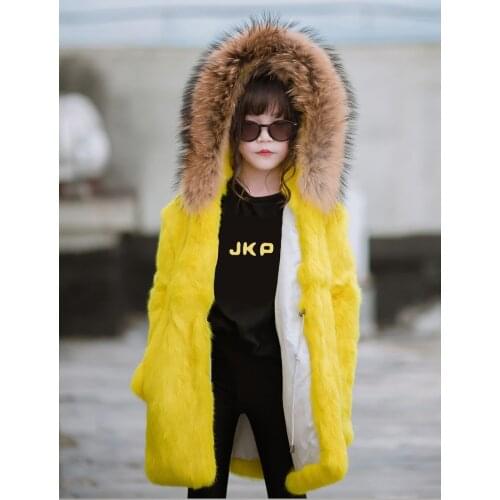 Winter New Childrens Clothing Real Rabbit Fur Coat Childrens Girls Mink Fur Coat Warm Natural Raccoon Fur Collar Coat