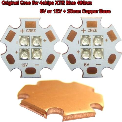 1pcs Original Cree 5w 4 / four chips XTE Blue 460nm ~465nm Input DC 12V or 6V LED Bead Chip Light + 20mm Copper Base Raidator