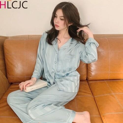 2020 Ice Silk Pajamas For Women Long Sleeve Sexy Pyjamas Femme Autumn Trousers Suits Striped Pijama Mujer Sets Lapel Casual Wear