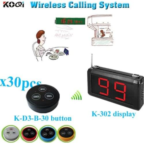Wireless Restaurant Calling Service System Electronic Push Button Buzzers Equipment (1 display+30 table bell button)