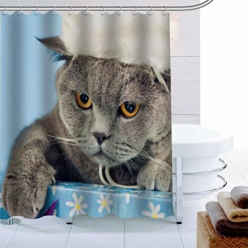 British Shorthair Shower Curtain 12 Hook Polyester Fabric 3D Printing Bathroom Curtain Waterproof Mildew Proof Bath Curtain