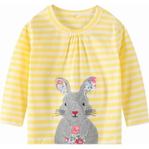 27kids Girls Spring Autumn Cotton Toddler Baby Cute Rabbit Stripe Tops Long Sleeve T-Shirt Casual Round Neck Clothing 2-7Years