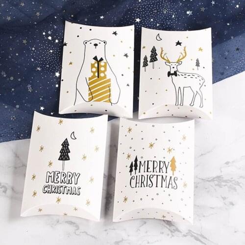 10pcs Candy Box Pillow Shape Kraft Paper Boxes Party Favor For Christmas Biscuit Gift Box Bags Elk Christmas Party Decoration
