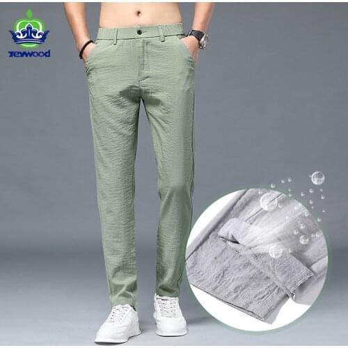 Summer Pants Men Stretch Casual Slim Fit Elastic Waist Jogger Korean Breathing Linen light green Brand Thin Trousers Male 28-38