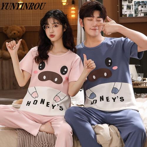 Summer Pajamas Set Short Sleeved Cartoon Cotton Sleepwear Womens Pajamas M-3XL Size Loungewear Loose Comfort Plaid Pijama Mujer