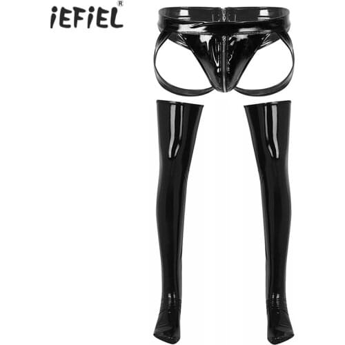 Sissy Mens Exotic Sets Nightclub Sexy Costumes Patent Leather Zipper Crotch Briefs Jockstrap Underwear with Thigh High Stockings