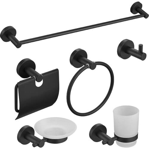 304 Stainless Steel 4 Piece Bathroom Accessories Set Matte Black Towel Shelf Rack Toilet Roll Paper Holder Wall Mount Robe Hook