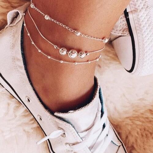 3 Pcs/Set Simple Women Anklets Set Round Bead Chain Silver Color Anklet Summer Barefoot Fashion Female Birthday Gift Jewelry