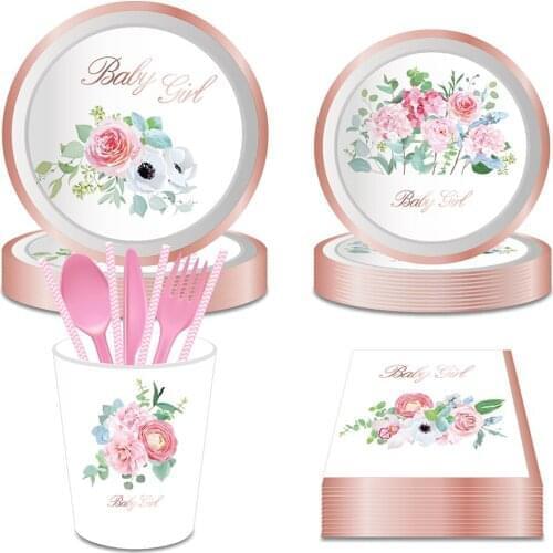 Sweet Rose Gold Baby Girl Baby Shower Party Theme Disposable Tableware Sets Happy Birthday Party Plates Cups Napkins Supplies