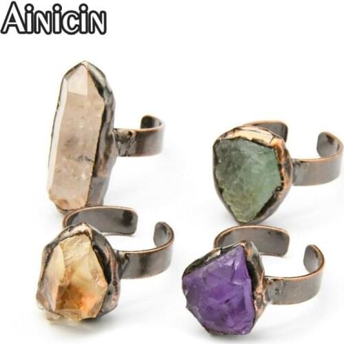 Natural Crystal Fluorite Amethyst Rought Semi-precious Stone Antique Bronze Plaitng Adjustbale Rings For Women Jewelry