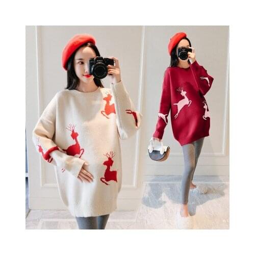 New autumn and winter breastfeeding clothes out autumn and winter knit bottoming shirt feeding milk print deer sweater loose