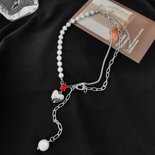 Punk Heart Pendant Choker For Women Fashion Red Crystal Pearl Tassel Splice Collarbone Chain Party Jewelry Cool Girl Accessories