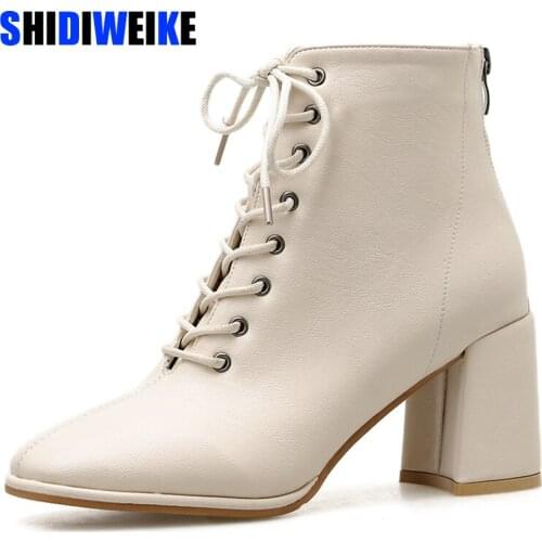 HOT Autumn Women Ankle Boots PU Leather Feet Length Boots For Women Round Toe Chelsea Boots Lace UP High Heel Boots AB784