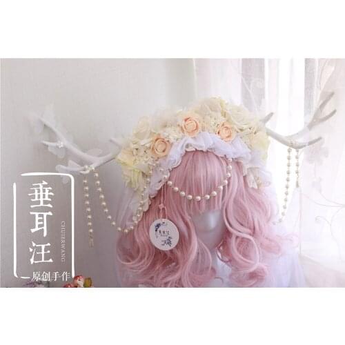 Girl Tea Party Cosplay lolita Wedding accessories white antlers Bead Chain hair band lolita rose headwear bride headdress Props