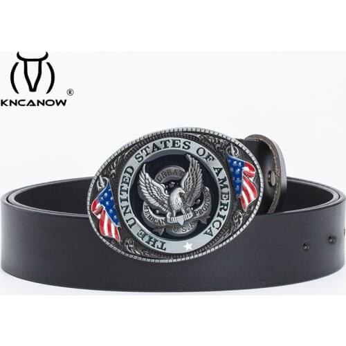 Genuine Leather Men Belt Luxury Eagle New American Flag Metal Punk Buckle High Quality Male Cowboy Jeans Gift Waistband Strap