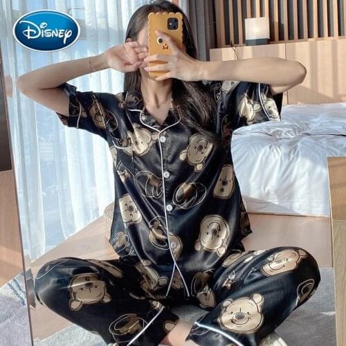 Disney Black Pooh Bear Cartoon Short Sleeve Trousers Spring Summer New Silk Pajamas Female Home Cloth Suit