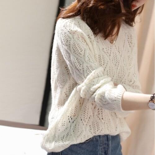 Super beautiful cashmere loose V-neck hollow thin knitted sweater long sleeve sweater womens lazy spring and Autumn
