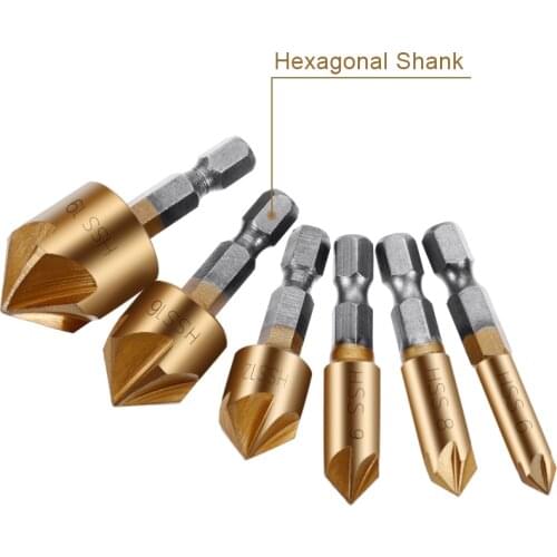 6PC 90 Degree Countersink Drill Chamfer Bit 1/4" Hex Shank Carpentry Woodworking Angle Point Bevel Cutting Cutter Remove Bur