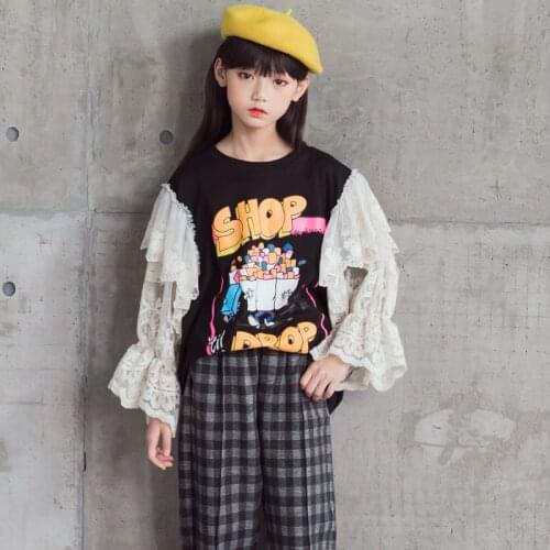 Lace Sleeves Cartoon Print Tops for Girls 8 10 12 14 years Fashion Autumn Sweatshirt for Teenage Girl