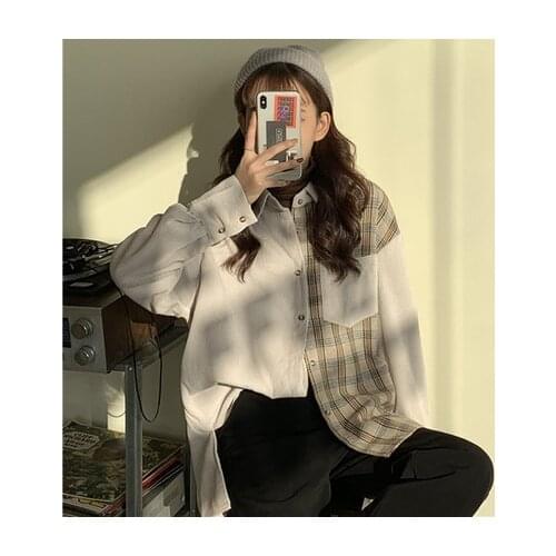 Splicing corduroy jacket spring 2020 new female Korean version of the loose wild long-sleeved shirt tide