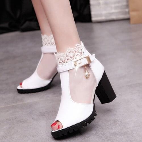 2021 Summer New Fish Mouth Lace Womens Sandals Korean Version of Solid Color Mesh Thick Heel High Heel Sandals