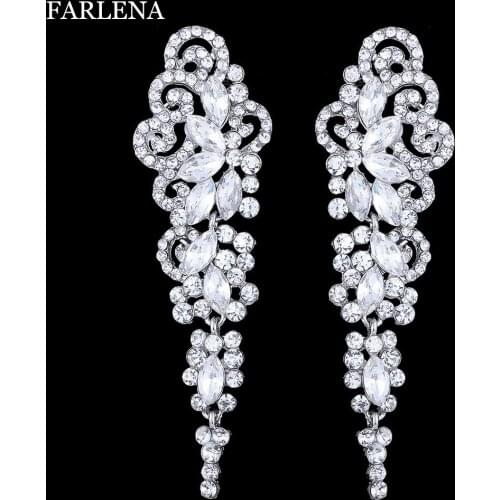 FARLENA Silver Color Crystal Wedding Long Earrings Floral Shape Chandelier Earrings for Women Brides Bridesmaid